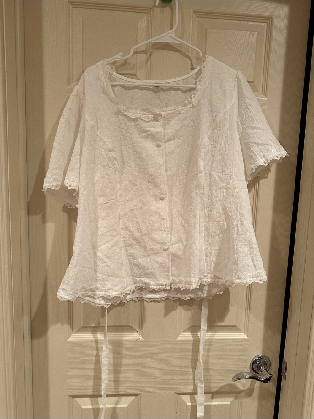 White Lace-Trim Button Front Women’s Top